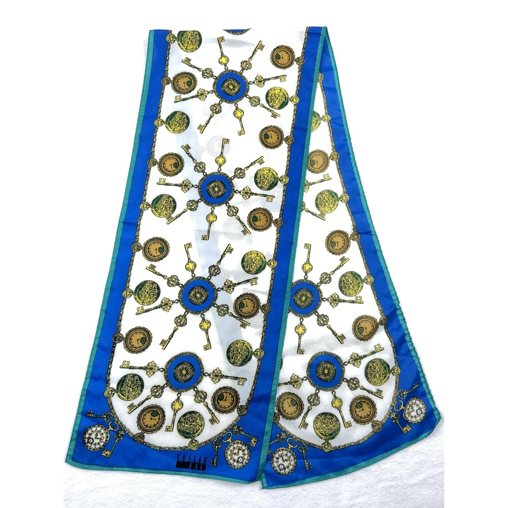 Leslie Fay Vintage Oblong Scarf Blue White Pocket Watch Key Print Nautical Logo